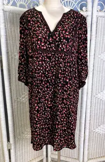 Gérard Darel Paris Black Floral Print Dress 44 Smocked Neckline French Viscose