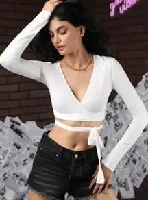 New White Deep V Surplice Wrap Top With Long Ties