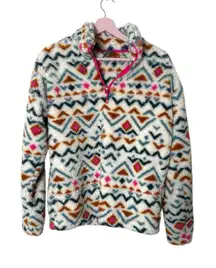Eddie Bauer Pullover Sweater Women's Small Aztec Faux Fur Fuzzy 1/4 Zip Fleece