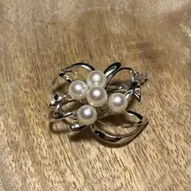 Floral Cluster Saltwater Cultured White Pearls Sterling Silver Brooch