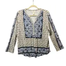 Style & Co Petite Boho Floral Henley Top Roll Tab Long Sleeve PL Modal Cotton