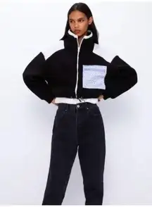 ZARA Contrast Pocket Fleece Jacket Black White Leopard Size M