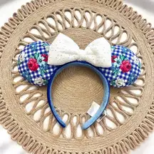 Disney Gingham Blue Floral Picnic Bow Minnie Mouse Ears