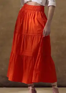 NWT Quince 100% Organic Cotton Poplin Tiered midi Maxi Skirt Vermillion Red XS