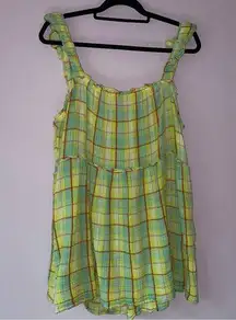 Anthro Tank Top XL Yellow Plaid Gauzy Flowy Empire A Line Ruffle Boho