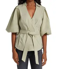 Waverly Bubble Sleeve Collared Tie Waist Wrap Blouse Thyme Green