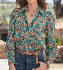 Sundance Rosie Vines Floral Blue Long Sleeve Shirt Feminine Spring XS