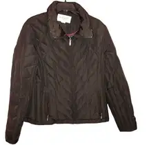 Nine West Quilted Down Puffer Jacket Funnel Neck Brown Large