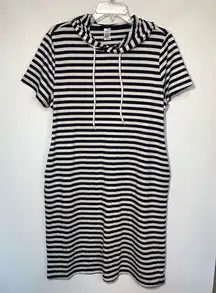 West Loop Women's Stripes Hooded Shift Mini Dress Blue & White Large NWOT
