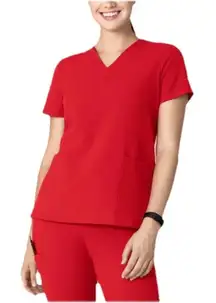 Mandala Medical Scrub Top Poppy Red  V-neck Pockets Polyester Size Small