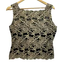 Vtg Y2K Kay Celine Women's XL Lace Tank Top Black Beige‎ Open Mesh Back Neutral