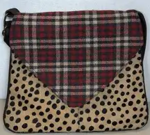 Panache Leopard Print Cowhide Red Plaid Crossbody Bag Purse READ