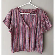 Vanilla Star Junior's Red Multi Striped Button Front Flutter Sleeve Top Size L