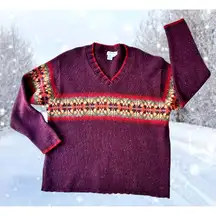 Vintage Eddie Bauer Ladies Fair Isle Sweater Large Wool Blend  V Neck Ski EUC