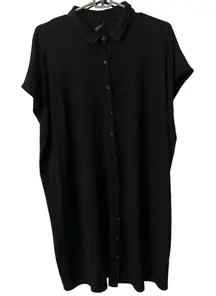 Eileen Fisher Size Med Button Front Polo Shirt Dress Black Stretch‎ Jersey Knit