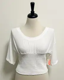 Free People Movement White Smocking Hot Wide Neck Open Back Short Sleeve Top New