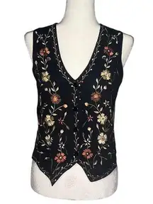 Vintage Boho Embroidered Floral Vest Small Cotton