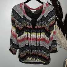 Christopher Banks 3/4 Sheer Sleeve Blouse Ruffle Women’s V Neck Colorful Top Med