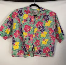 Gina Peters Hawaiian Hibiscus Floral Print Button Up Shirt Top Women Size M