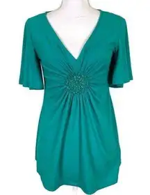 NEW Eci Teal Small Jeweled Short Sleeve Blouse