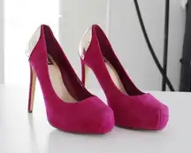 a Suede Stiletto Platform Pumps With Heel Plate Accent