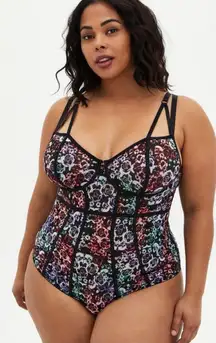 Curve Plus Size 2x Floral Mesh Bodysuit Adjustable Straps Black NWOT