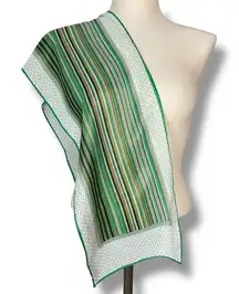 Vintage Striped Scarf‎ Green Tan White Dots Long 10" x 47" Retro Professional