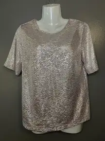 Monteau Shirt Womens Medium Rose Gold Metallic Sequin Short Sleeve Top Blouse