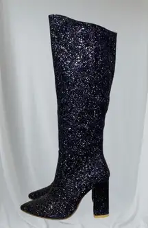 Vampy Full Glitter Sparkle Silver Black Knee High High Heel Boots US 5.5 EU 36