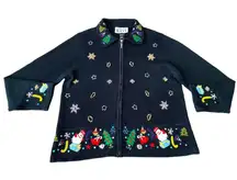 Keren Hart Vintage Embroidered Christmas Zip Up Black‎ Cardigan, Size Large