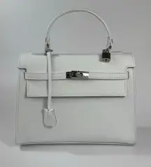 Genuine Leather Handle Bag with a Strap Lock and Key | Made in Italy | Orange | White | Silver Accents