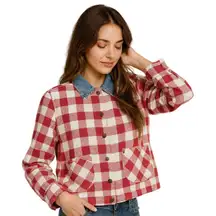 Vintage Angelique 90s Plaid Cropped Denim Collar Button Up Large Grunge Western