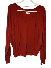 Free People Oversized Thermal V Neck Waffle Knit Sweatshirt Size XS Brick Red
