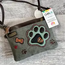 Grey Mini Crossbody Handbag NEW Teal Paw Print Convertible Clutch Purse