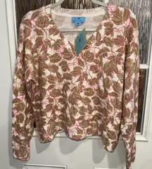 CeCe Women  Medium V-Neck Sweater Soft Knit Beige Pink Leaf Pattern Pullover NWT