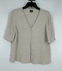 Eileen Fisher Rayon Linen‎ Blend One Button Cardigan Half Sleeve Oatmeal Medium