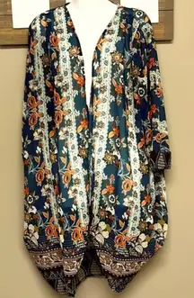 Vici Green and Orange Flowy Sheer Open-Front Oversized Floral Kimono- Medium