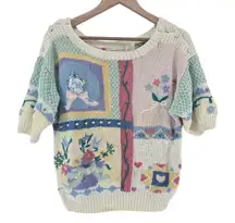 The Eagle's Eye‎ Vintage Pastel Floral Knit Sweater Pearl Button Short Sleeve M