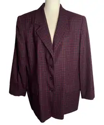 Vintage Worsted Wool Blazer Jacket XL Purple Plaid Shoulder Pads Buttons Pockets