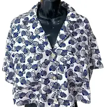 Zara Clamshell Silky White & Navy Relaxed Fit Button Front Crop Top Size Large‎
