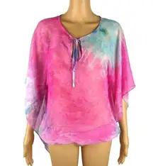 Alberto Makali Sheer Tie Dye Blouse Split Tied Neck Flutter Kimono Sleeves Boho