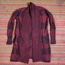LUCKY BRAND RED & BLACK CHECKERED PLAID LONG FIT CARDIGAN SWEATER