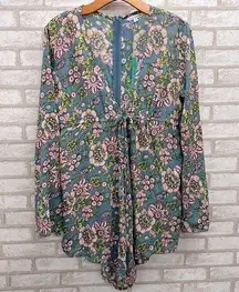 Blue & Pink Floral Flare Sleeve Romper One Size