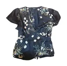 Trixxi Womens Black Floral Wrap V Neck Short Sleeve Top Size L