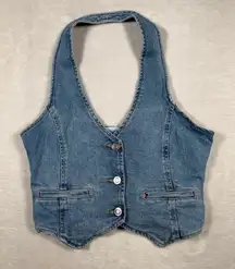 ALTAR STATE Denim Halter Vest Jean Crop Top Womens Size S Button Front