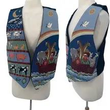 Vintage Noahs Ark Needlepoint Embroidered Animals Vest Open Front Blue Womens L