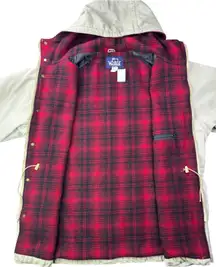 Vintage Woolrich Wool Blanket Lined Hooded Jacket Beige Plaid Lined Womens XL