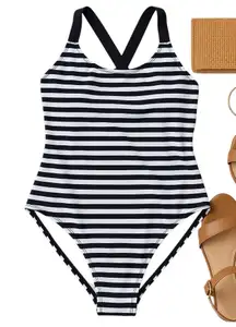 Kate Spade Saturday Black White Striped One Piece Swimsuit XS Classic Chic EUC