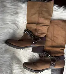 BCBG MAXAZRIA Brown Women's Moto Boots with Chain Detail