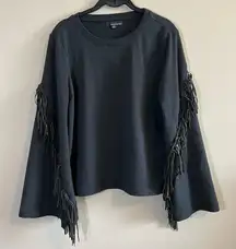 ✨ Moelleux Women’s Black Long Sleeve Top with Studded Arm Fringe Small